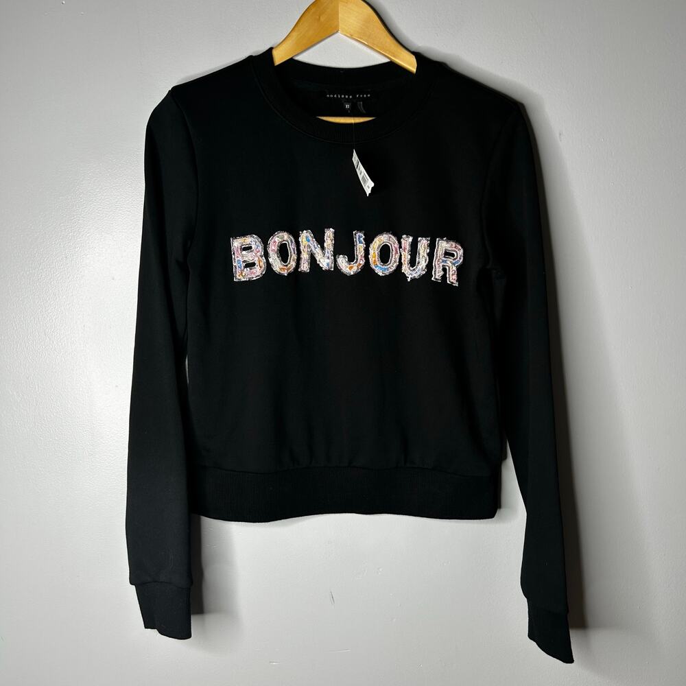 NWT Endless Rose Anthropologie Bonjour Sweatshirt Womens‎ XS Sparkly Graphic - Picture 3 of 7